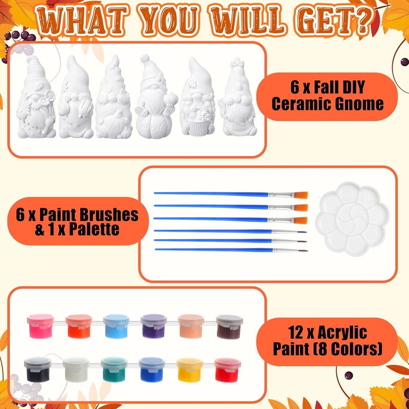 Arrowbash 6 Pcs Fall Ceramics to Paint Ready to Paint Your Own Gnome Statues 5.12 Autumn Thanksgiving Paintable Figurines DIY Unpainted Ceramics Plaster Crafts with Brush Palette - Image 3